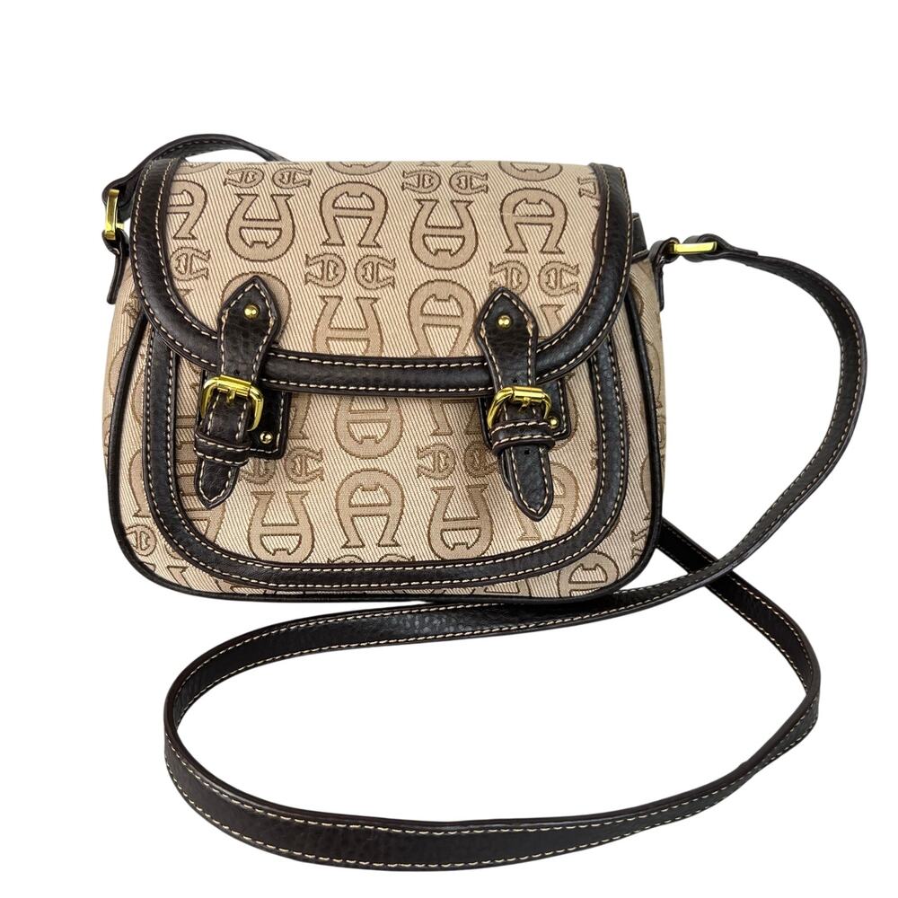 Vintage Etienne Aigner Monogram Canvas Leather Trim Crossbody Flap Bag Purse